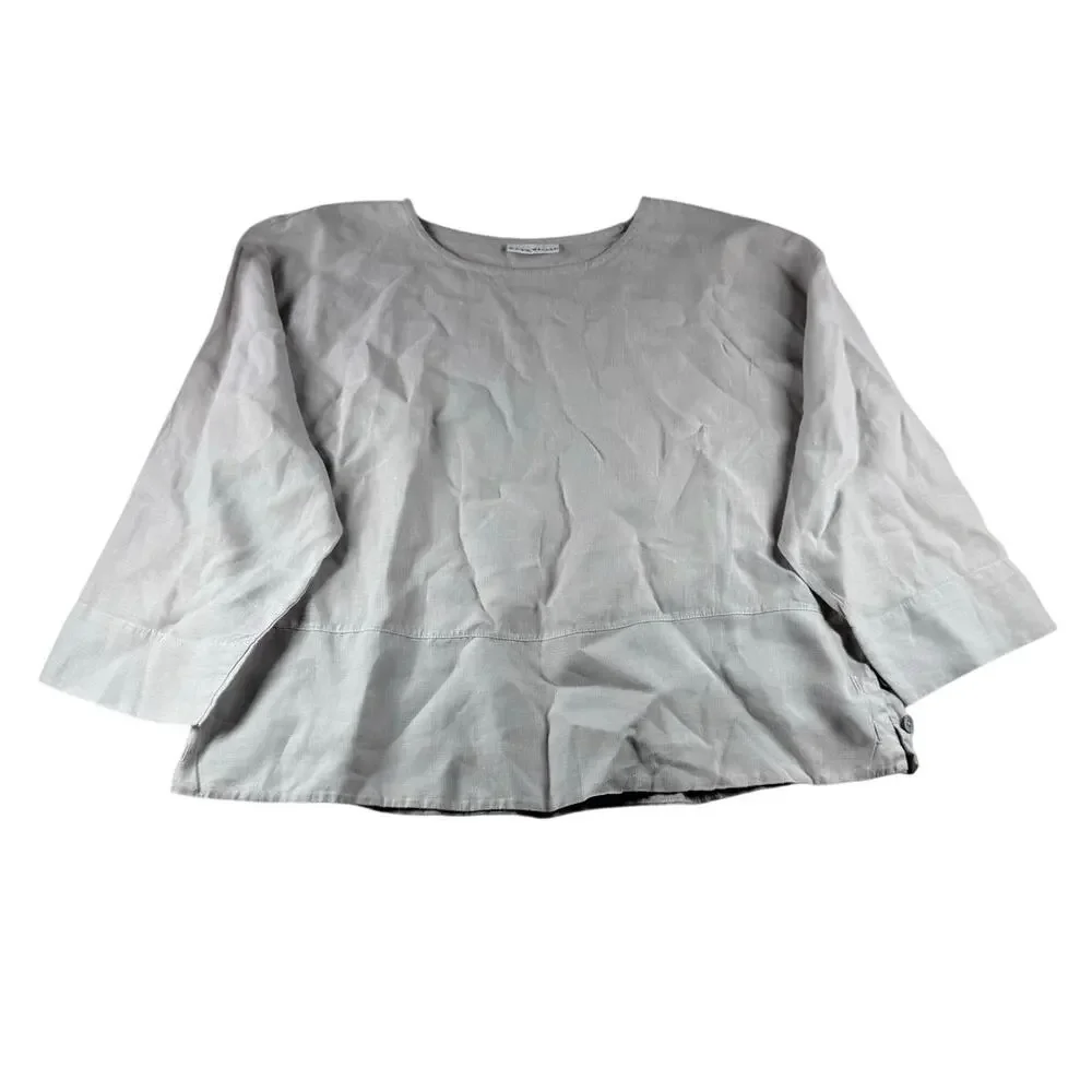 Bryn Walker Linen Gray Crop Boxy Blouse M Top Side Button Shirt Resort Lagenlook